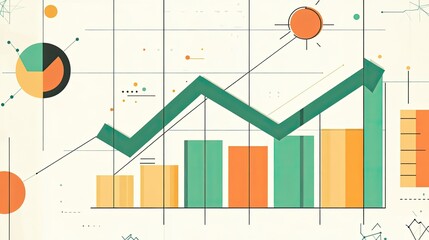 Poster - A rising green arrow over a white background with gridlines, data points, and bar charts representing financial growth.