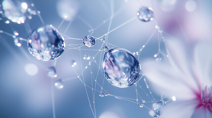 delicate cherry blossoms with dewdrops and intricate webbing, dreamy macro photography
