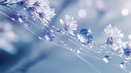 delicate cherry blossoms with dewdrops and intricate webbing, dreamy macro photography
