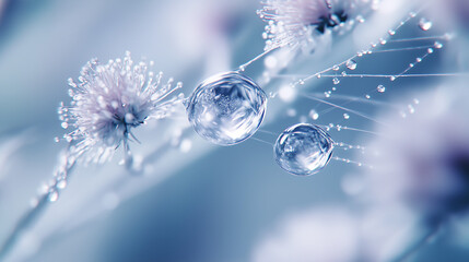delicate cherry blossoms with dewdrops and intricate webbing, dreamy macro photography