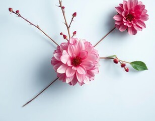 Poster - an image of a pink flower is on a white surface, there are two pink flowers on a white surface with green leaves