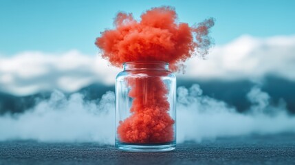 Poster - This captivating image portrays a glass jar filled with a vibrant red cloud of smoke, burst open in a stunning display, symbolizing creativity and the beauty of color in motion.
