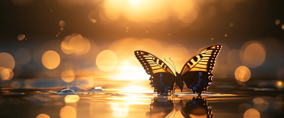 Poster - A butterfly perched on water with golden sunlight and soft bokeh effects in the background, symbolizing beauty, freedom, and nature in a tranquil setting.