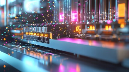 Poster - complex electronic components and circuits creating an advanced motherboard, illuminated by vibrant 