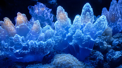 Glowing 3D bioluminescent coral in abyssal indigo and ghostly white