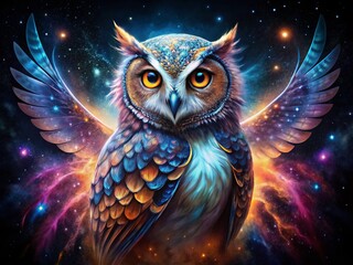 Wall Mural - Macro Galaxy Owl: Cosmic Wings, Starry Feathers, Night Bird