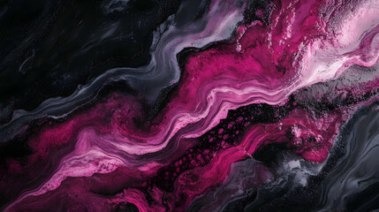 Wall Mural - Marbled resin art in magenta and coal black, glossy and luxurious