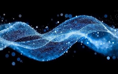 Aufkleber - Abstract blue wave particle motion, dark background, technology concept