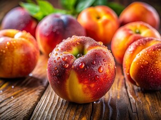 Wall Mural - Macro Photography of Juicy Peaches on Rustic Wooden Table