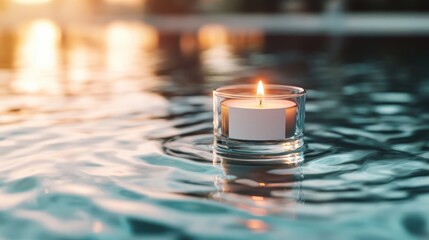 Poster - A serene scene of a floating candle in clear water during sunset, symbolizing tranquility and warmth, perfect for relaxation and ambiance settings.