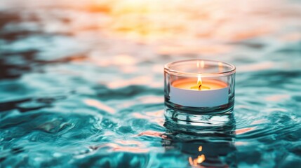 Poster - A beautifully lit candle gently floating in water, capturing the enchanting glow of sunset and evoking feelings of peace and warm ambiance in any setting.