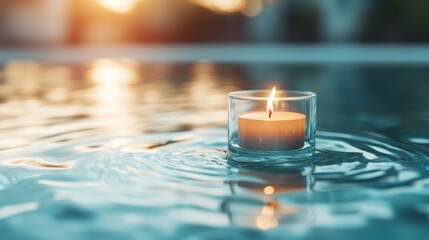 Poster - A captivating view of a white candle floating on calm water, reflecting warm sunlight, perfectly encapsulating serenity and enhancing the atmosphere of relaxation.