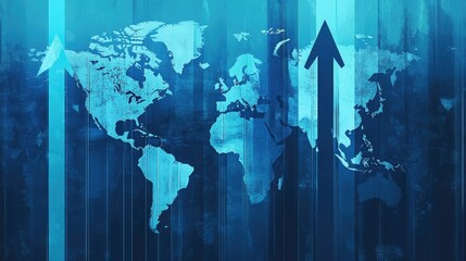 Poster - Abstract design of blue arrows pointing upward with a striped world map in the background, symbolizing global progress and growth.