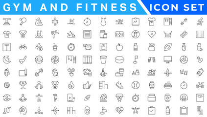 Poster - Gym and fitness icon set. Containing healthy lifestyle, weight training, body care and workout or exercise equipment icons. Solid icons vector collection.