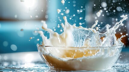 Poster - An artistic representation of milk splashing in a clear bowl against a blurred background, emphasizing the beauty of motion and the contrast of colors in liquids.