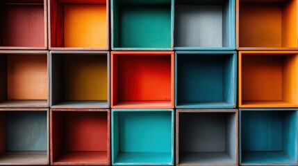 Poster - A vibrant display of colorful wooden cubes arranged in a grid, showcasing a blend of warm and cool tones, perfect for abstract representations and artistic designs.