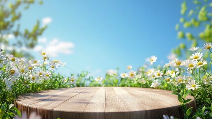 Poster - A wooden podium surrounded by vibrant flowers is set against a backdrop of clear blue sky. The scene captures the essence of spring, showcasing greenery and colorful blooms bathed in sunlight.
