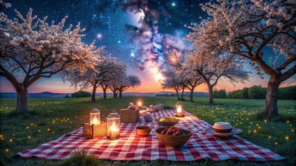 Wall Mural - Magical Starry Night Picnic: Blooming Tree & Glowing Lanterns