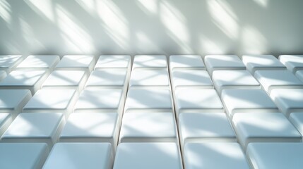 Aufkleber - A captivating view of white cubes arranged neatly, illuminated by soft light that creates layered shadows, inviting contemplation of form, light, and geometric design within space.