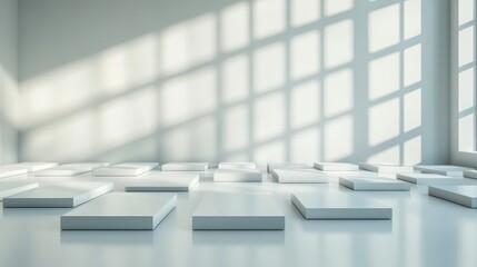 Aufkleber - An abstract arrangement of white cubes in a bright, shadowed environment, creating a captivating scene that explores light, space, and minimalism in a contemporary art style.