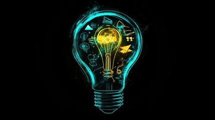 Poster - Artistic lightbulb design with colorful graphics and idea-related elements inside, symbolizing innovation and inspiration.