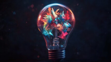 Poster - Artistic lightbulb design with colorful graphics and idea-related elements inside, symbolizing innovation and inspiration.