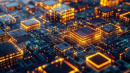 Poster - Blockchain and cryptocurrency concept with glowing interconnected nodes and data blocks in a futuristic digital network design.
