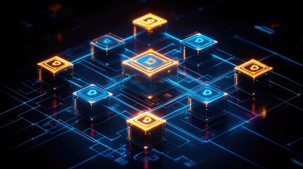 Poster - Blockchain and cryptocurrency concept with glowing interconnected nodes and data blocks in a futuristic digital network design.
