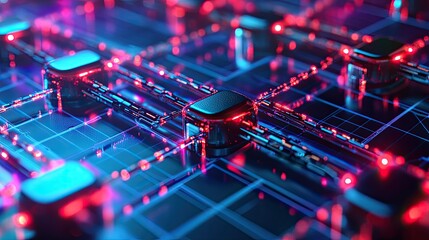 Poster - Blockchain and cryptocurrency concept with glowing interconnected nodes and data blocks in a futuristic digital network design.