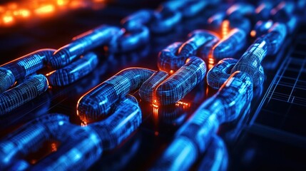 Poster - Blockchain and cryptocurrency concept with glowing interconnected nodes and data blocks in a futuristic digital network design.