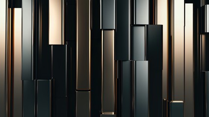 Polished metallic bars in varying shades of gray, arranged vertically on a dark background for a sophisticated abstract style