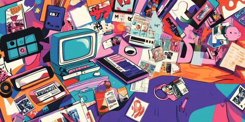 Fototapete - A vibrant collage of eighties technology and memorabilia
