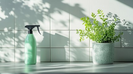 Poster - A mint green spray bottle sits next to a textured pot filled with lush green plants, illuminated by natural light creating soft shadows on a tiled background during spring cleaning.