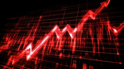 Poster - Bold red arrows and upward trends on a black grid background with glowing points and bar charts illustrating financial success.