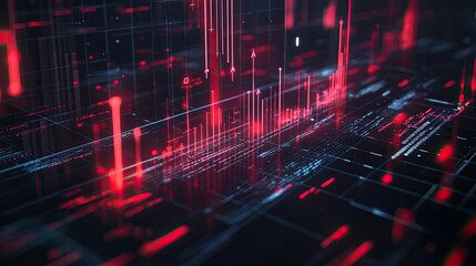 Poster - Bold red arrows and upward trends on a black grid background with glowing points and bar charts illustrating financial success.