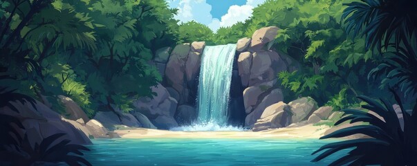 Poster - A serene waterfall cascades into a clear pool, surrounded by lush greenery under a bright blue sky, creating a tranquil natural scene.