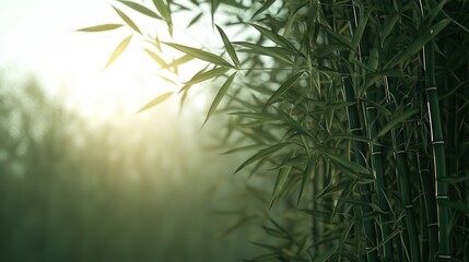 Poster - Lush bamboo stalks sway gently in the soft light, creating a serene and tranquil atmosphere in a verdant landscape.