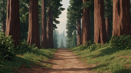 Poster - A serene forest path lined by towering trees, bathed in soft light, inviting exploration and tranquility.