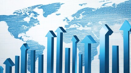 Poster - Clean graphic with blue arrows rising over a striped world map backdrop, symbolizing growth and advancement on a global scale.