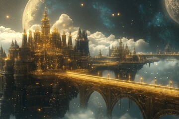 Wall Mural - A celestial kingdom among the stars, with golden bridges connecting floating palaces