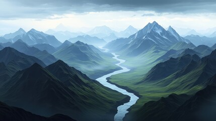 Poster - A serene landscape showcasing majestic mountains and a winding river, enveloped in mist and clouds, evoking a sense of calm and exploration.