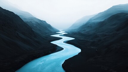 Poster - A serene landscape featuring a winding river set against misty mountains, creating a tranquil and atmospheric scene.