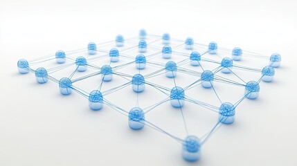 Poster - Cloud computing concept with interconnected blue nodes and wireframes on a minimalist white background, showcasing data storage.