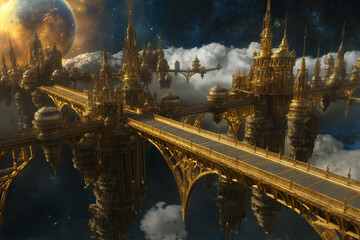 Poster - a celestial kingdom among the stars, with golden bridges connecting floating palaces