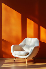 Poster - White armchair with wooden legs in a modern room with orange wall, sunlight casting geometric shadows, symbolizing minimalist design, comfort, and cozy interior ambiance