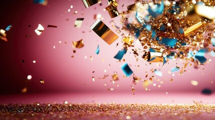 Poster - This vibrant image captures the moment of a confetti explosion with a mix of colors against a soft pink background, symbolizing celebration and joyfulness in abstract form.