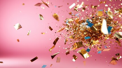 Aufkleber - This vibrant image showcases a lively explosion of golden and blue confetti against a soft pink background, creating a dynamic and festive atmosphere perfect for celebrations.