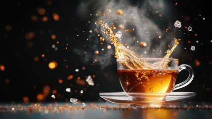 Poster - An eye-catching shot capturing the energetic splash of tea with ice cubes, evoking feelings of exhilaration and coolness perfect for a refreshing drink.