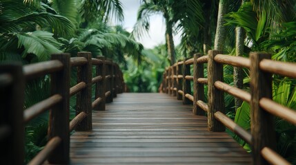 Poster - A serene wooden walkway surrounded by lush greenery, leading through a tropical landscape, ideal for nature walks and relaxation.
