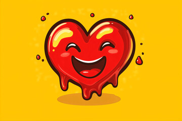Wall Mural - red, melting, smiling heart emoji, on yellow background, two-dimensional, flat